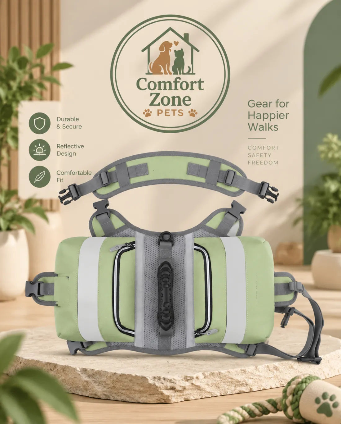 Green dog hiking backpack with dual saddlebags for comfortable outdoor adventures