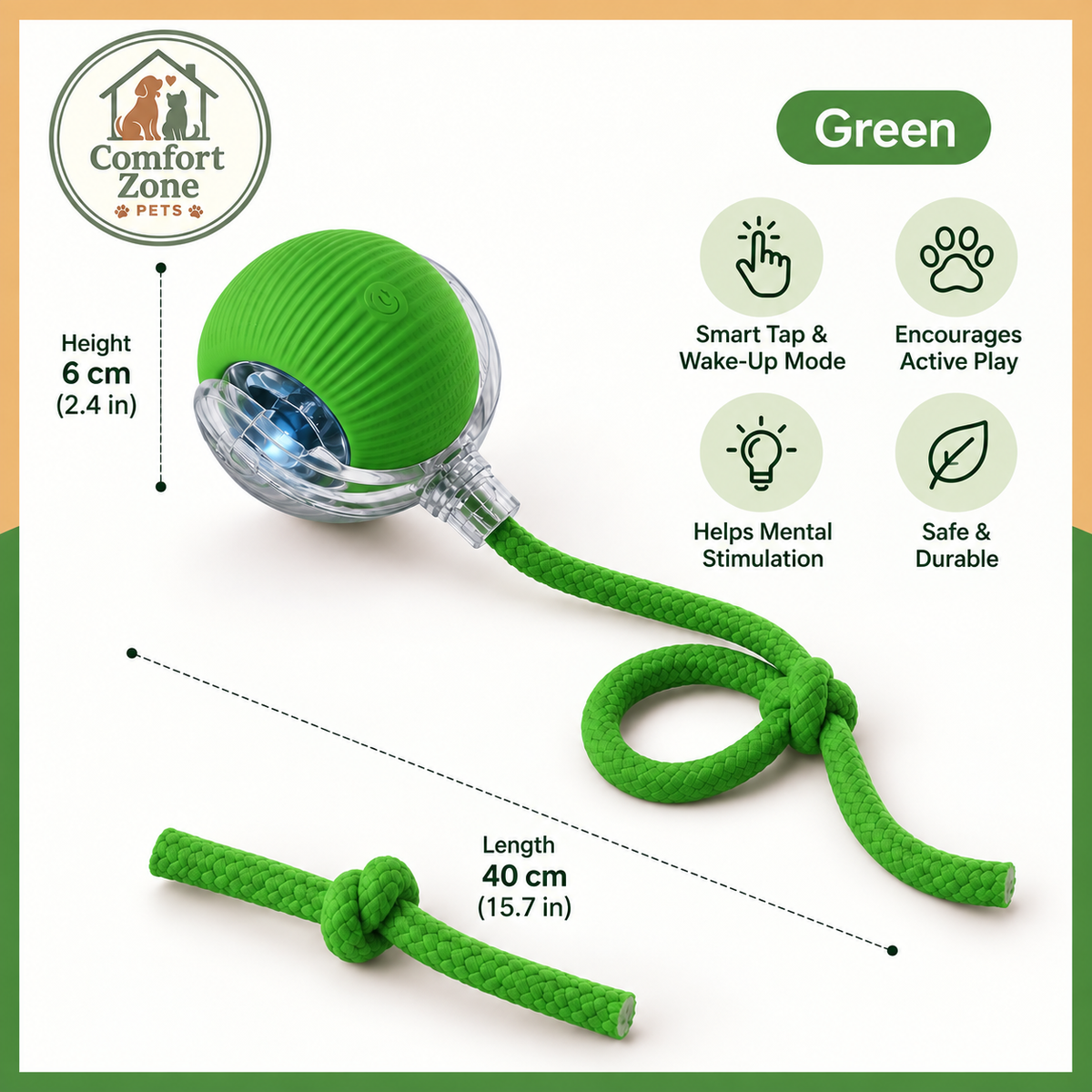 Green smart interactive cat ball toy with rope attachment and tap-to-activate motion sensor for cats