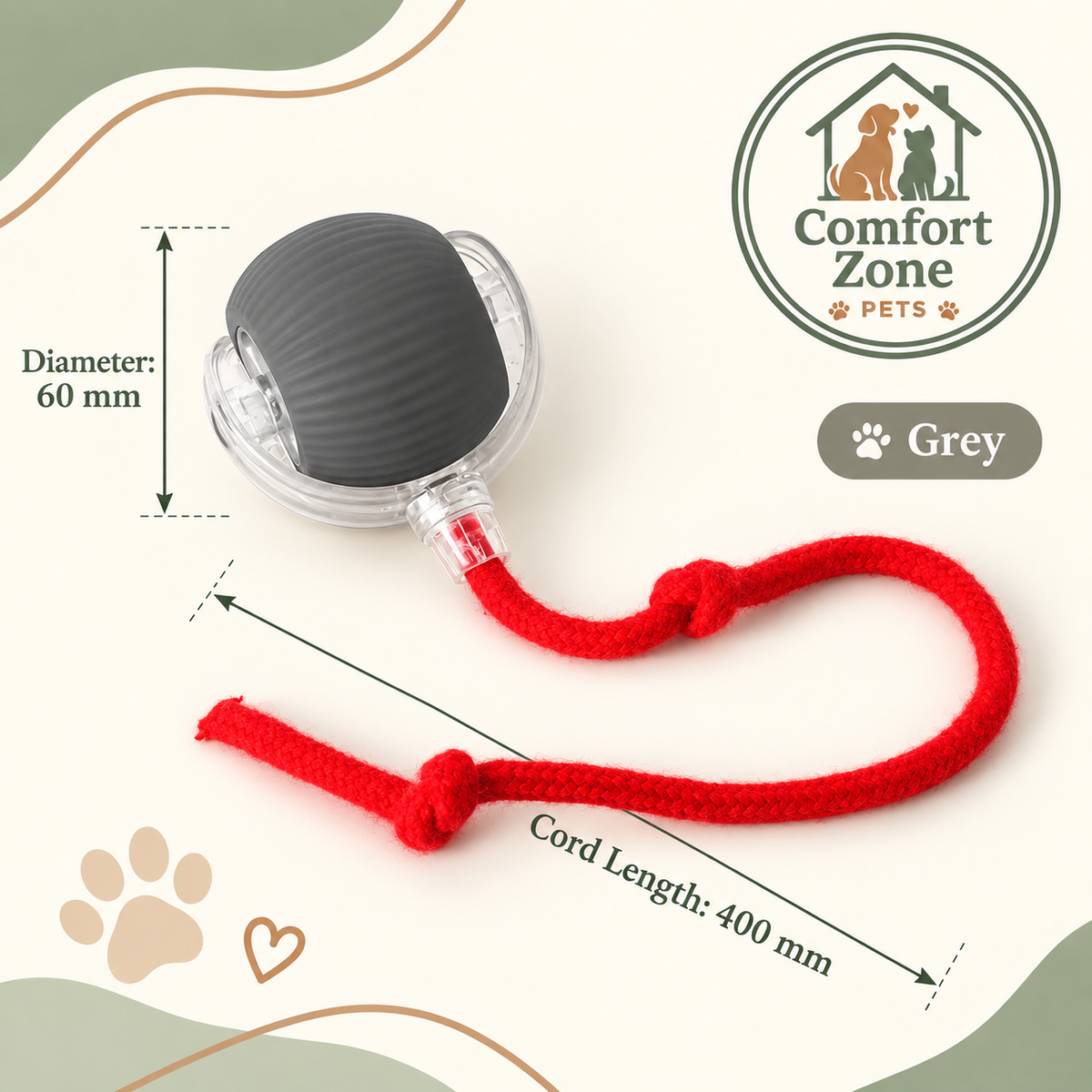 Grey interactive smart tap cat ball toy with braided rope attachment, 60mm ball and 400mm cord length