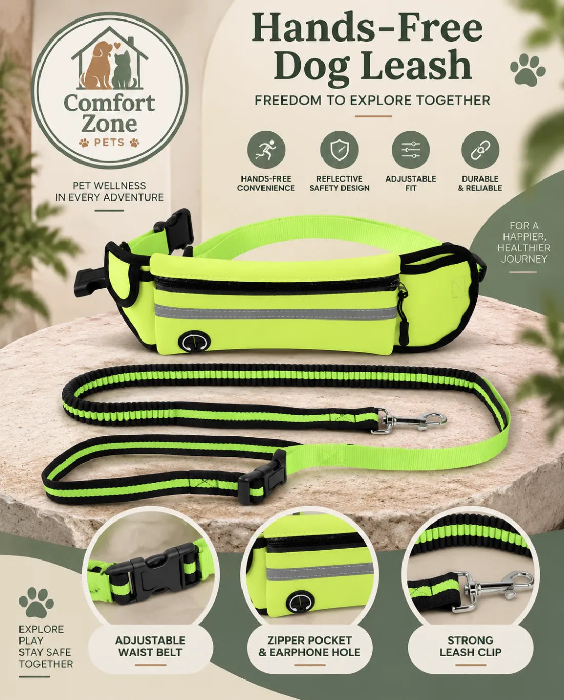 Hands-Free Reflective Dog Leash with Waist Bag