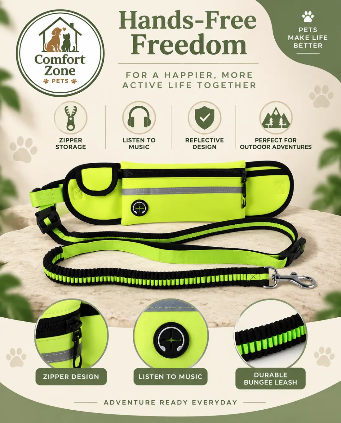 Hands-Free Reflective Dog Leash with Waist Bag