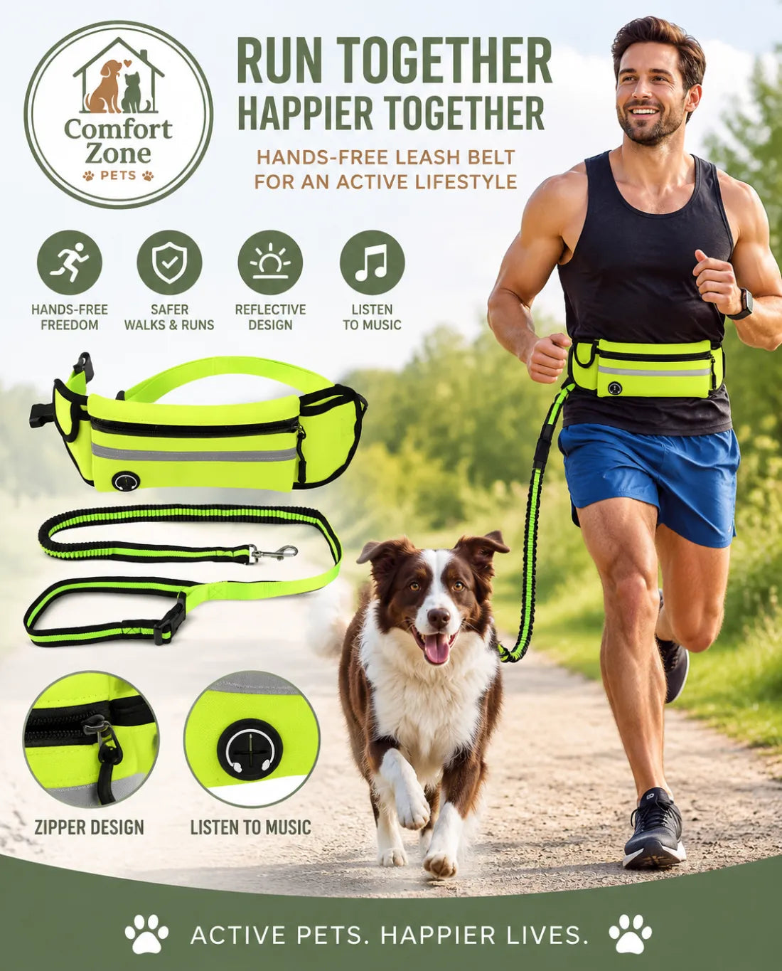 Runner using a hands-free reflective dog leash with waist bag while walking a dog outdoors