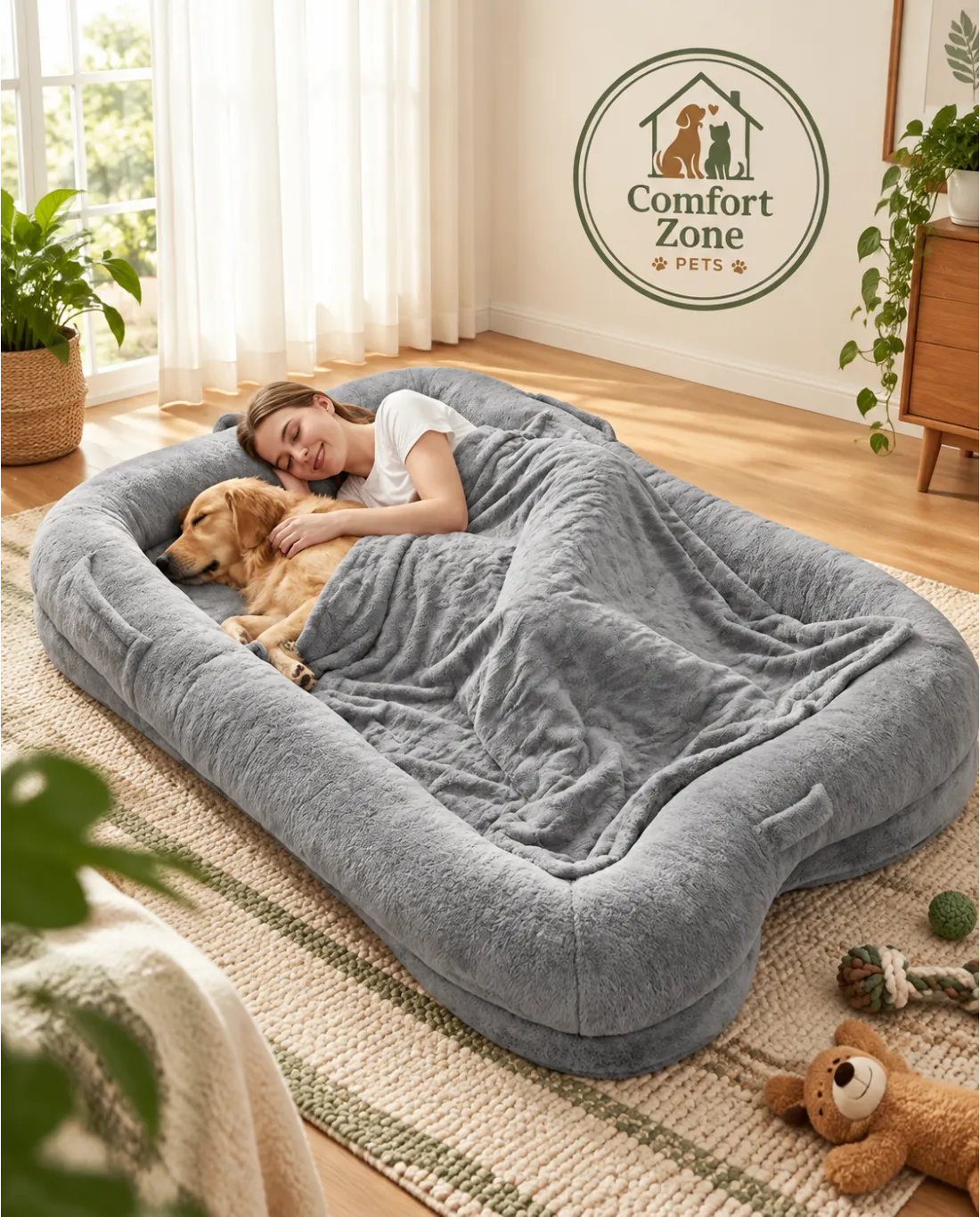 Human-size plush dog bed with blanket providing cozy comfort for dogs and pet owners at home