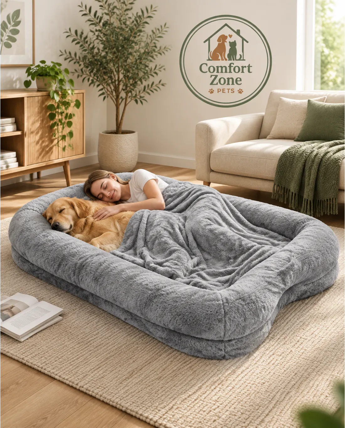 Oversized plush dog bed with blanket for large dogs and relaxing bonding moments with owners