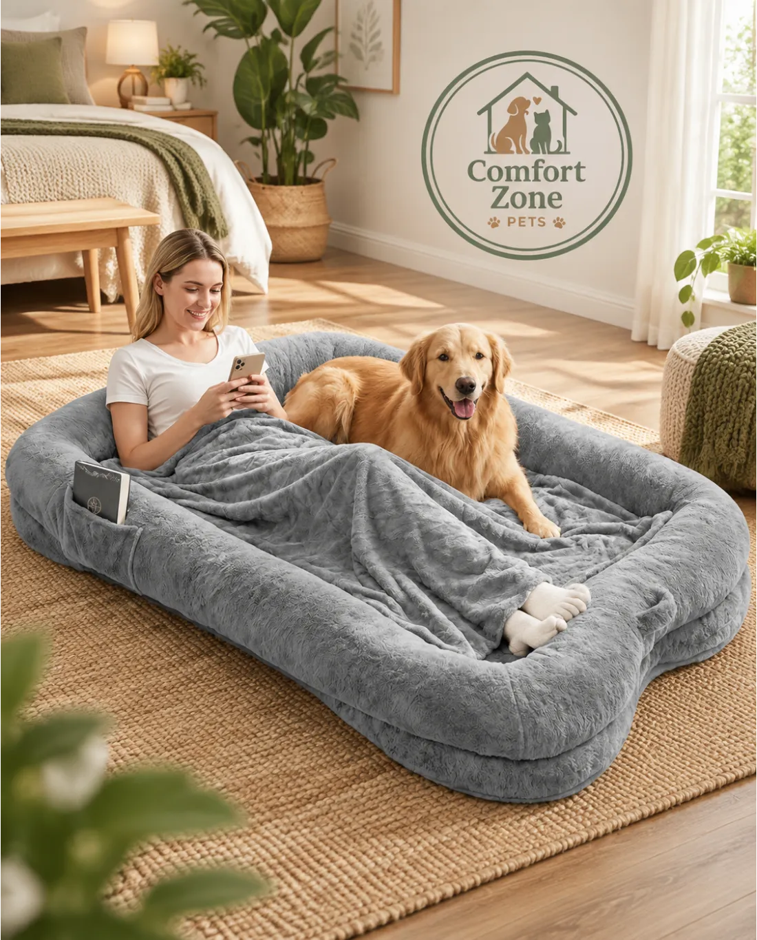 Golden retriever relaxing on a human-size dog bed with soft blanket and cozy design.