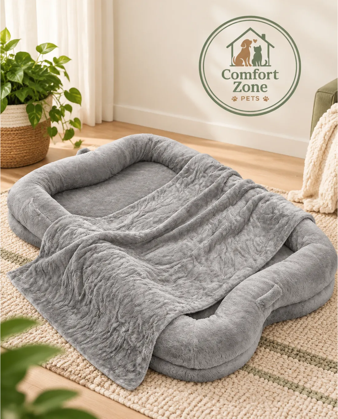 Gray faux fur plush dog bed with blanket featuring oversized comfort and soft sleeping space