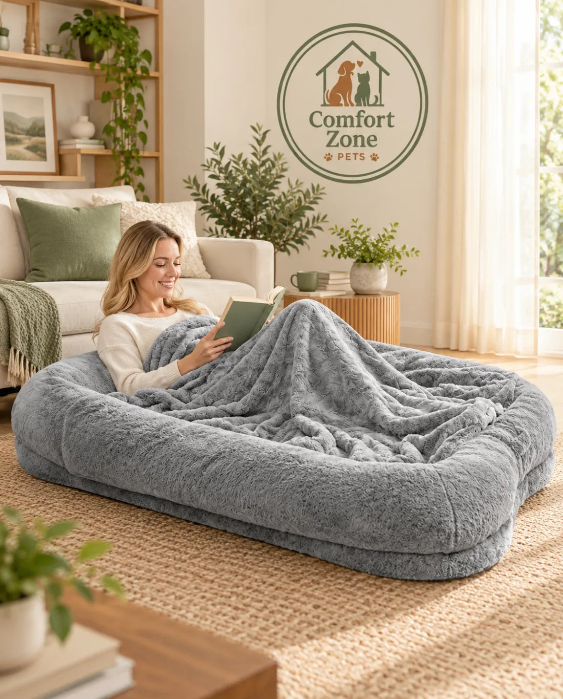 Human-size cozy dog bed with blanket designed for large dogs and comfortable home relaxation
