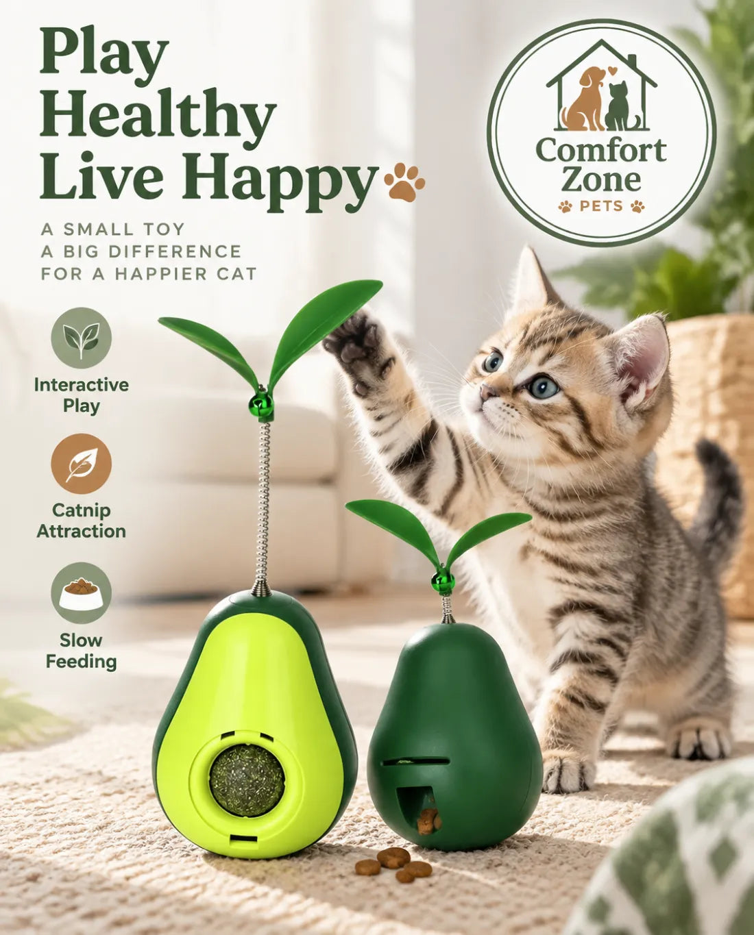 Interactive avocado cat toy with treat dispenser that combines play, feeding stimulation, and mental enrichment.