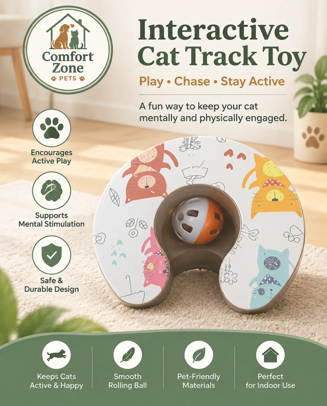 Interactive Cardboard Cat Track Toy with Rolling Ball, Scratch Pad, and Enrichment Activity for Indoor Cats