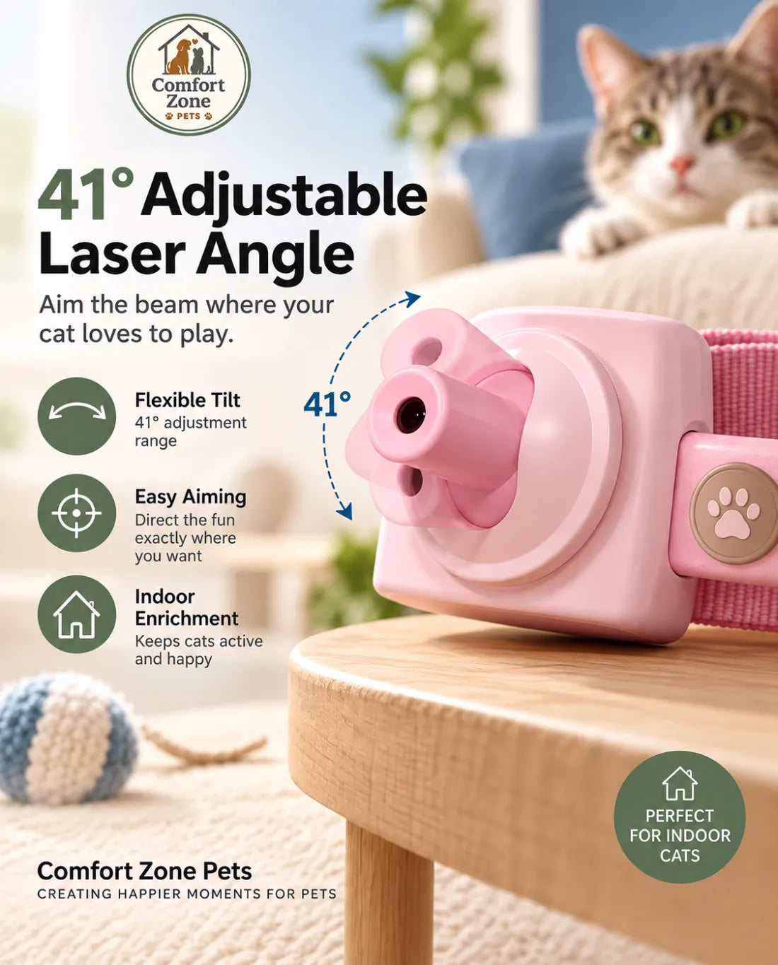 Pink interactive cat laser collar with adjustable 41 degree laser angle for engaging indoor cat playtime.