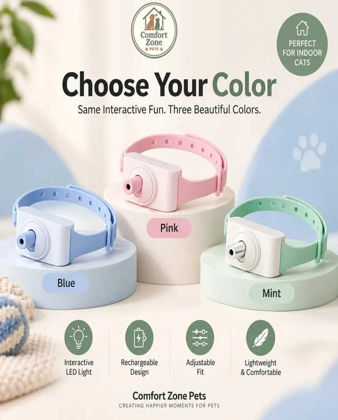 Interactive LED cat collar available in multiple colors with rechargeable design, adjustable fit, and lightweight comfort.