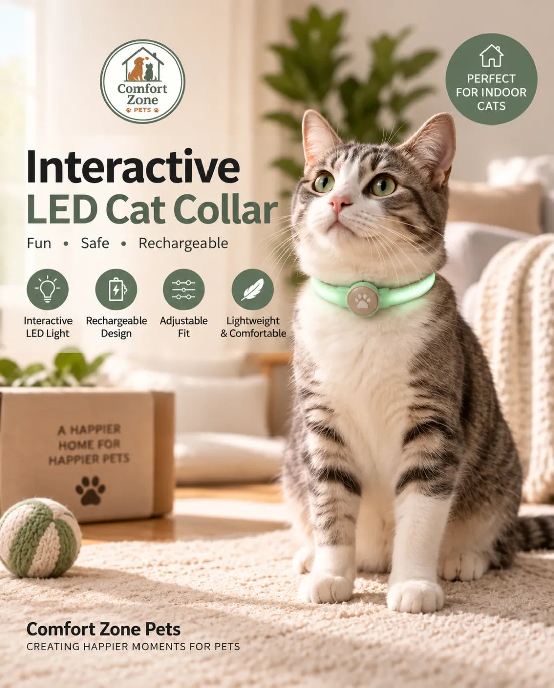 Interactive LED cat collar worn by an indoor cat, designed for safe, fun, and engaging daily play.