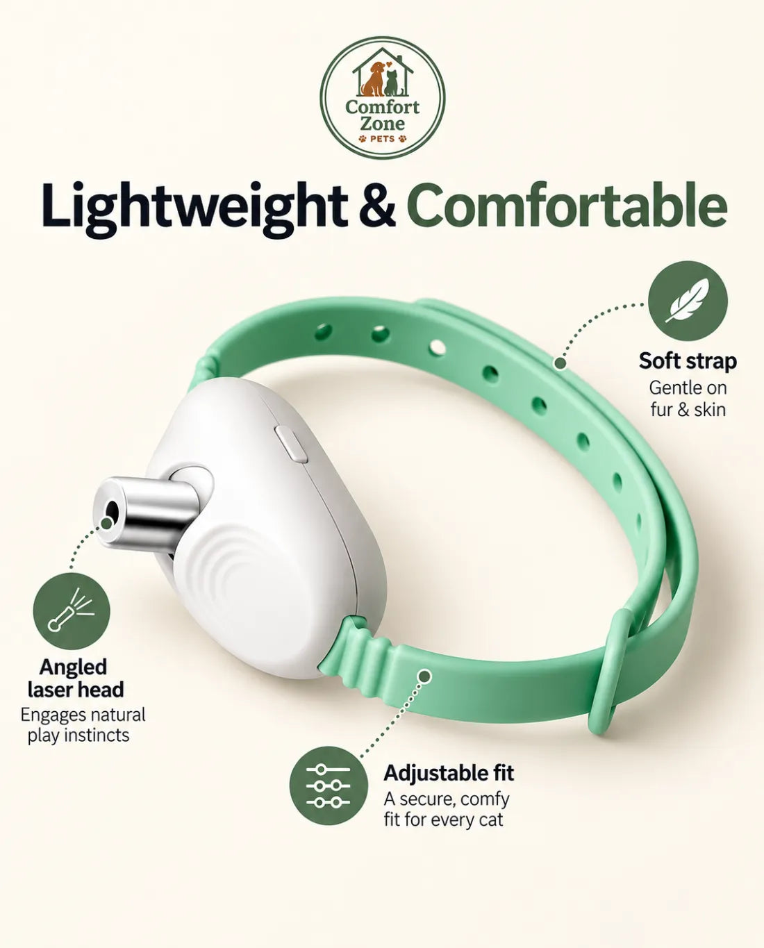 Lightweight rechargeable LED cat collar with soft adjustable strap and angled laser head for cat entertainment.