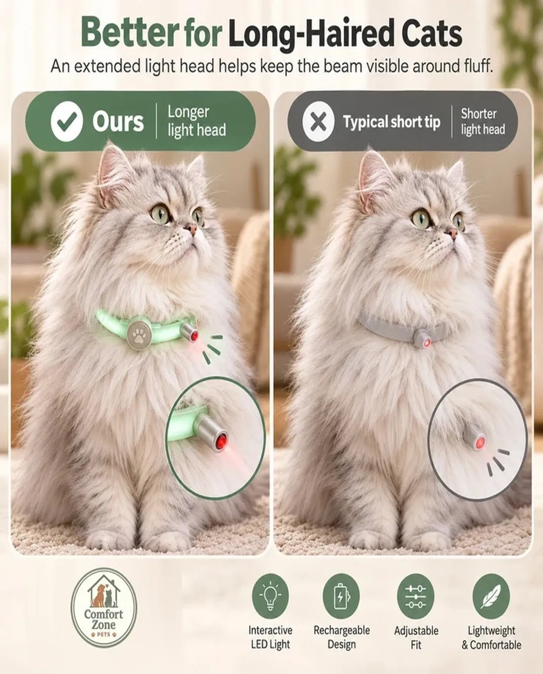 Interactive LED cat laser collar comparison showing visibility for long-haired cats with comfortable wearable design.