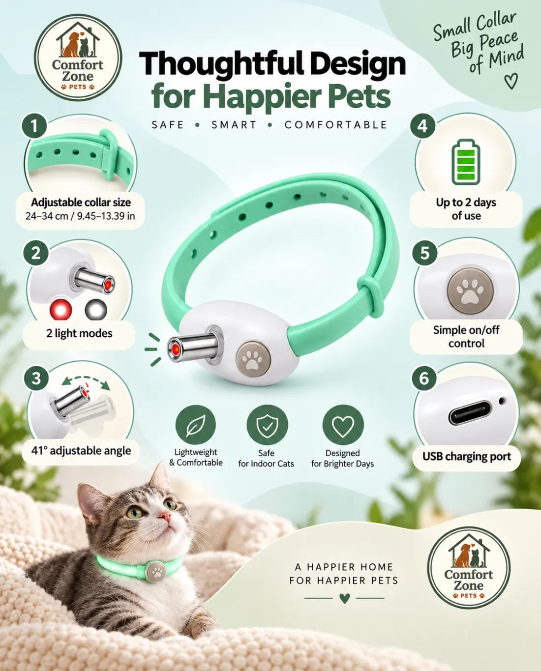 Rechargeable LED cat collar featuring adjustable fit, two light modes, USB charging, and comfortable lightweight design.