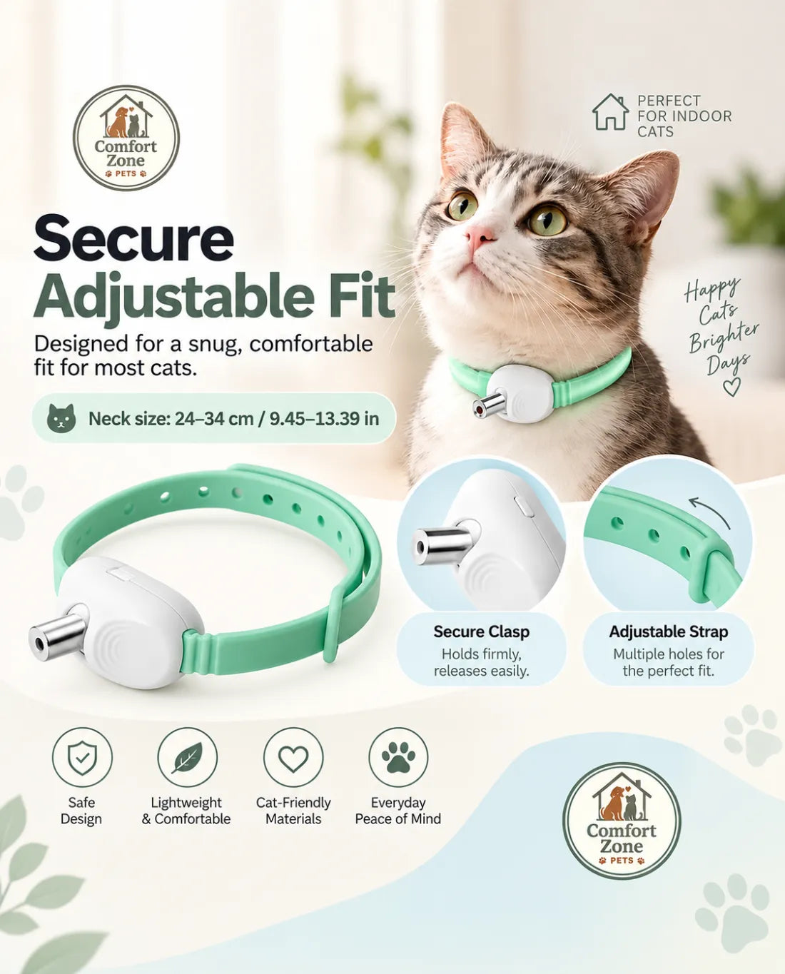 Adjustable LED cat collar shown on a cat with secure fit, soft strap, and comfortable design for indoor cats.