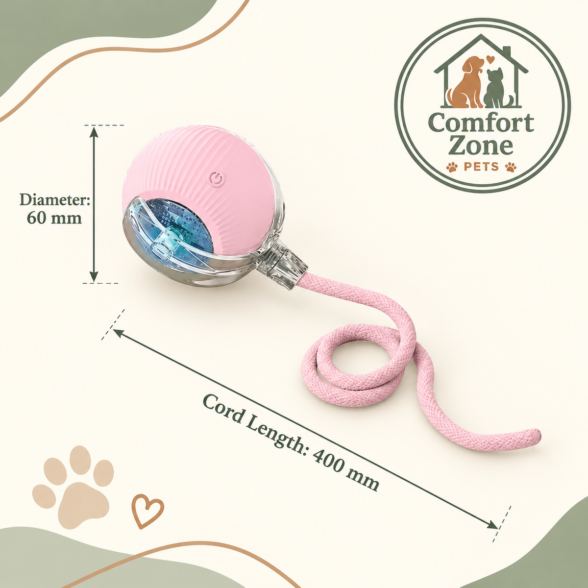 Interactive pet toy with smart activation mode designed for cats and dogs, encouraging active play and mental stimulation with a fun rope and rolling ball design.