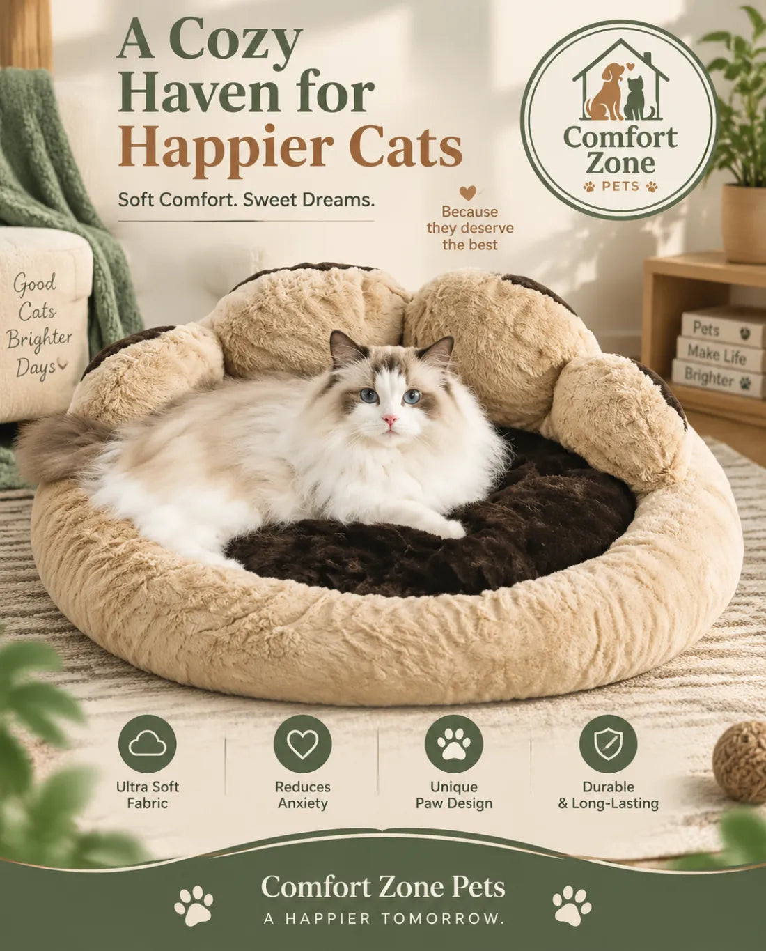Large cozy paw shaped dog bed with soft plush surface for comfortable pet sleeping