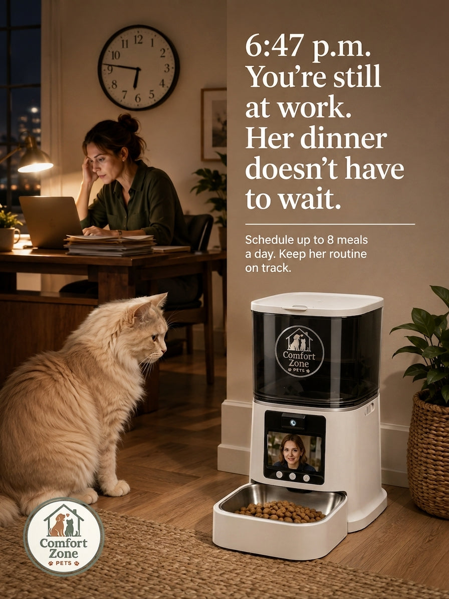 Woman working late at desk while automatic feeder keeps cat's dinner on schedule