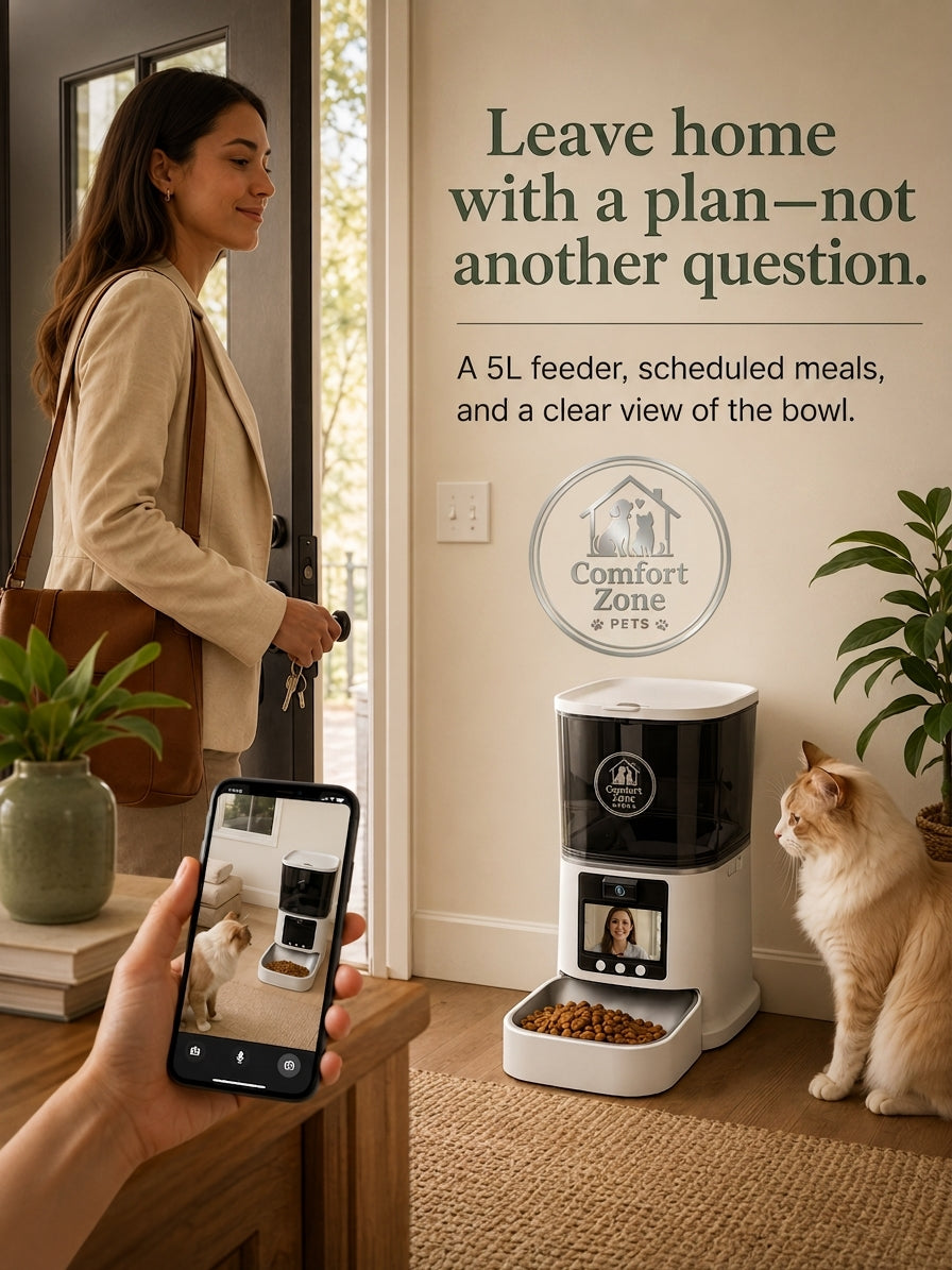 Woman leaving home while automatic feeder with scheduled meals keeps cat fed