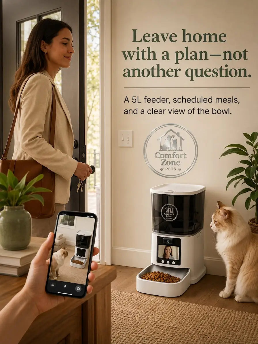 Woman leaving home while automatic feeder with scheduled meals keeps cat fed