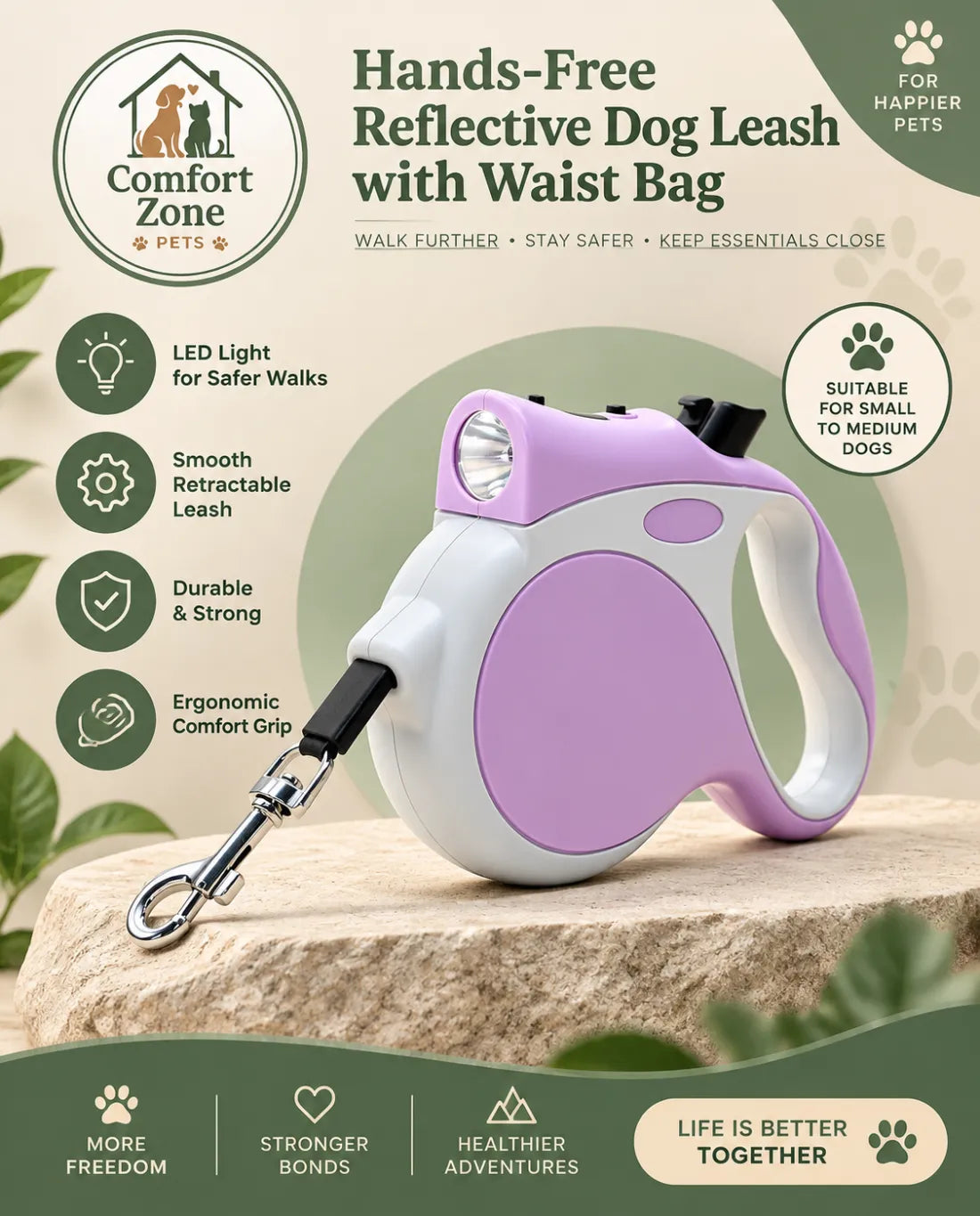 LED retractable dog leash with built-in light for hands-free style walking and better visibility