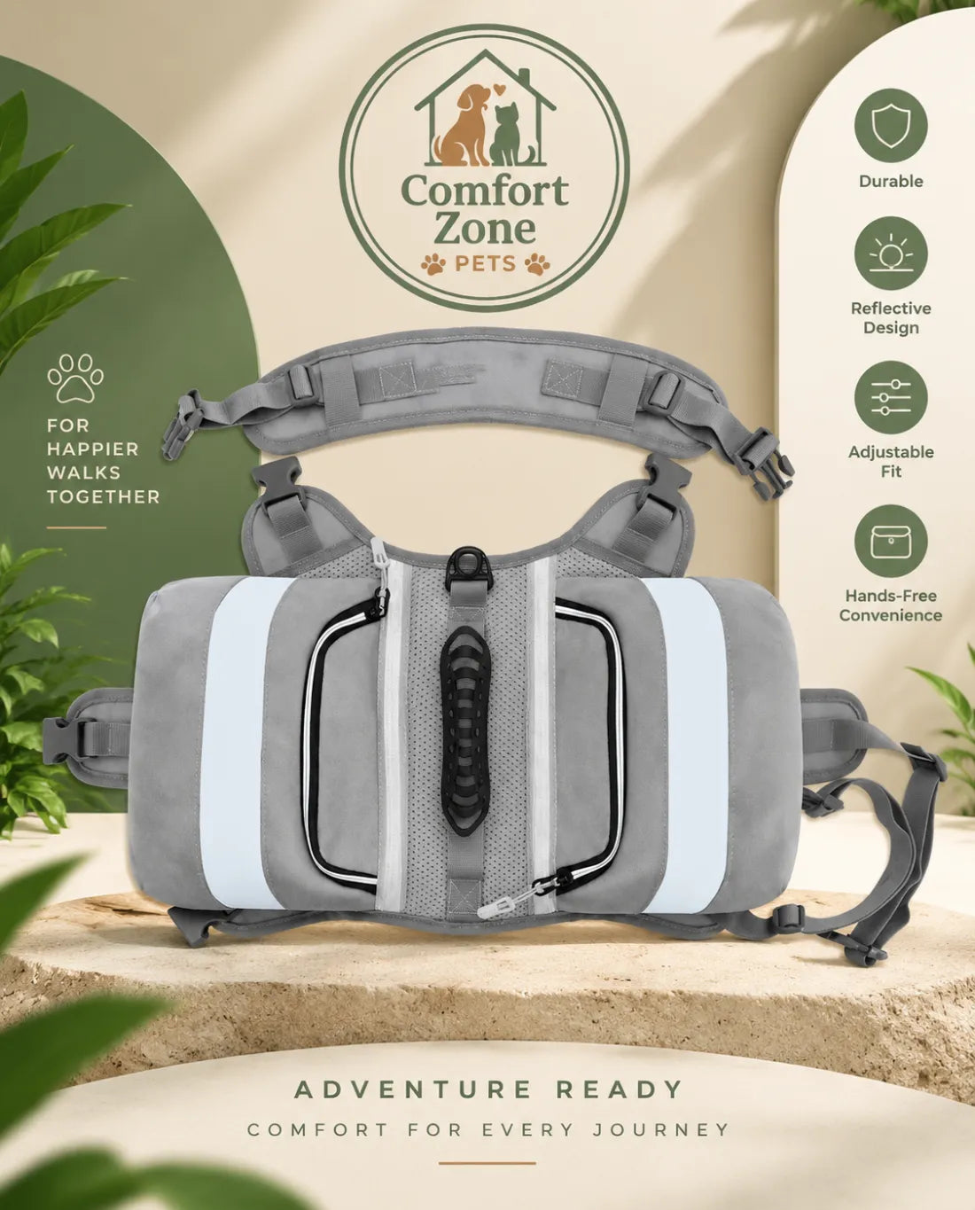 Lightweight dog hiking backpack with storage saddlebags for walking and travel