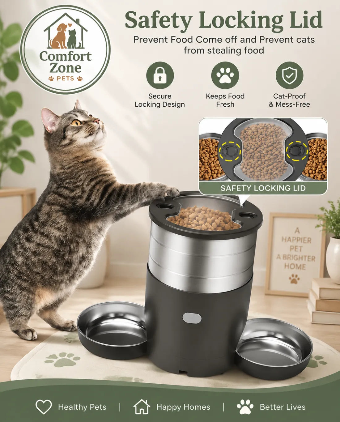 Smart automatic pet feeder with locking lid and dual bowls for secure cat and dog feeding