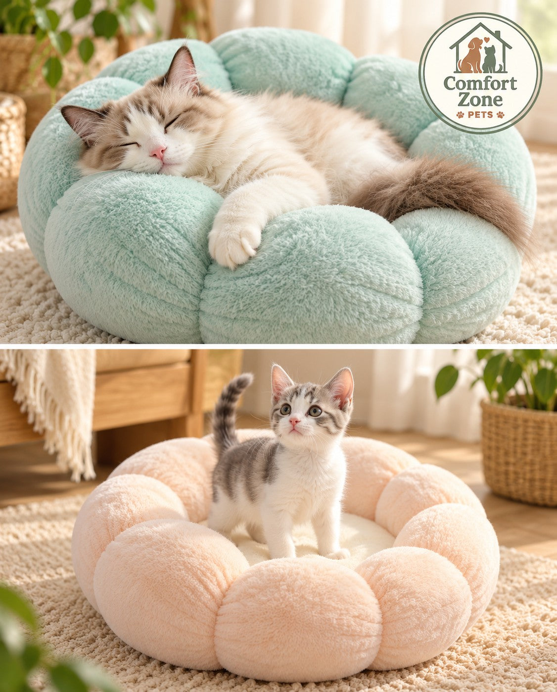 Mint plush cat bed with a sleeping cat, and a peach plush cat bed with a kitten standing inside.
