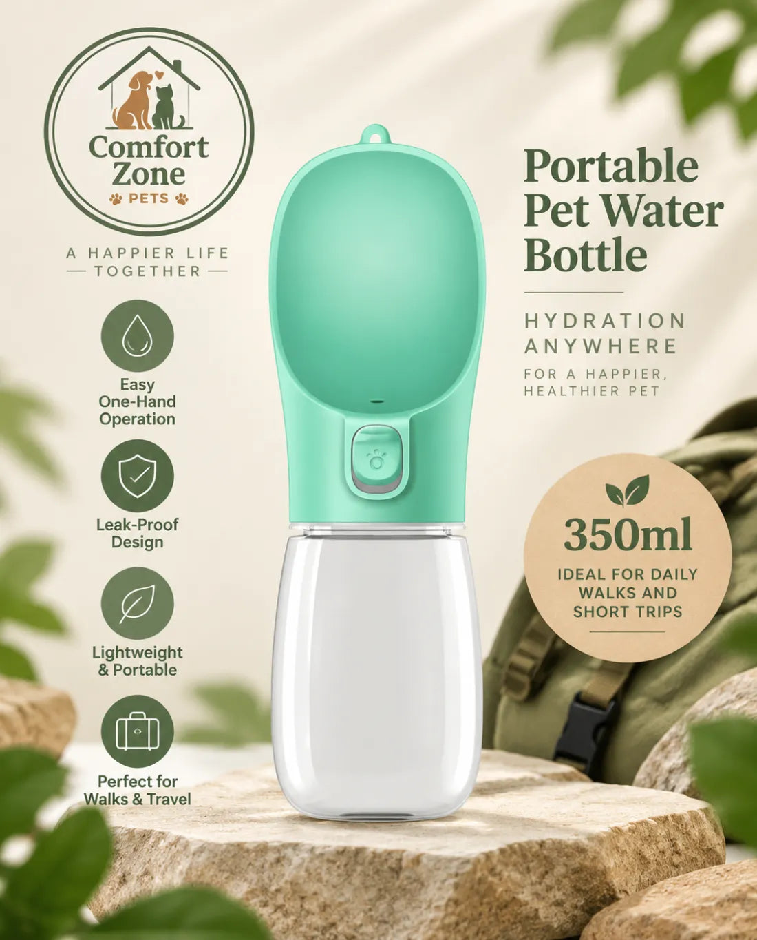 Mint green portable dog water bottle with foldable bowl for convenient pet hydration on the go