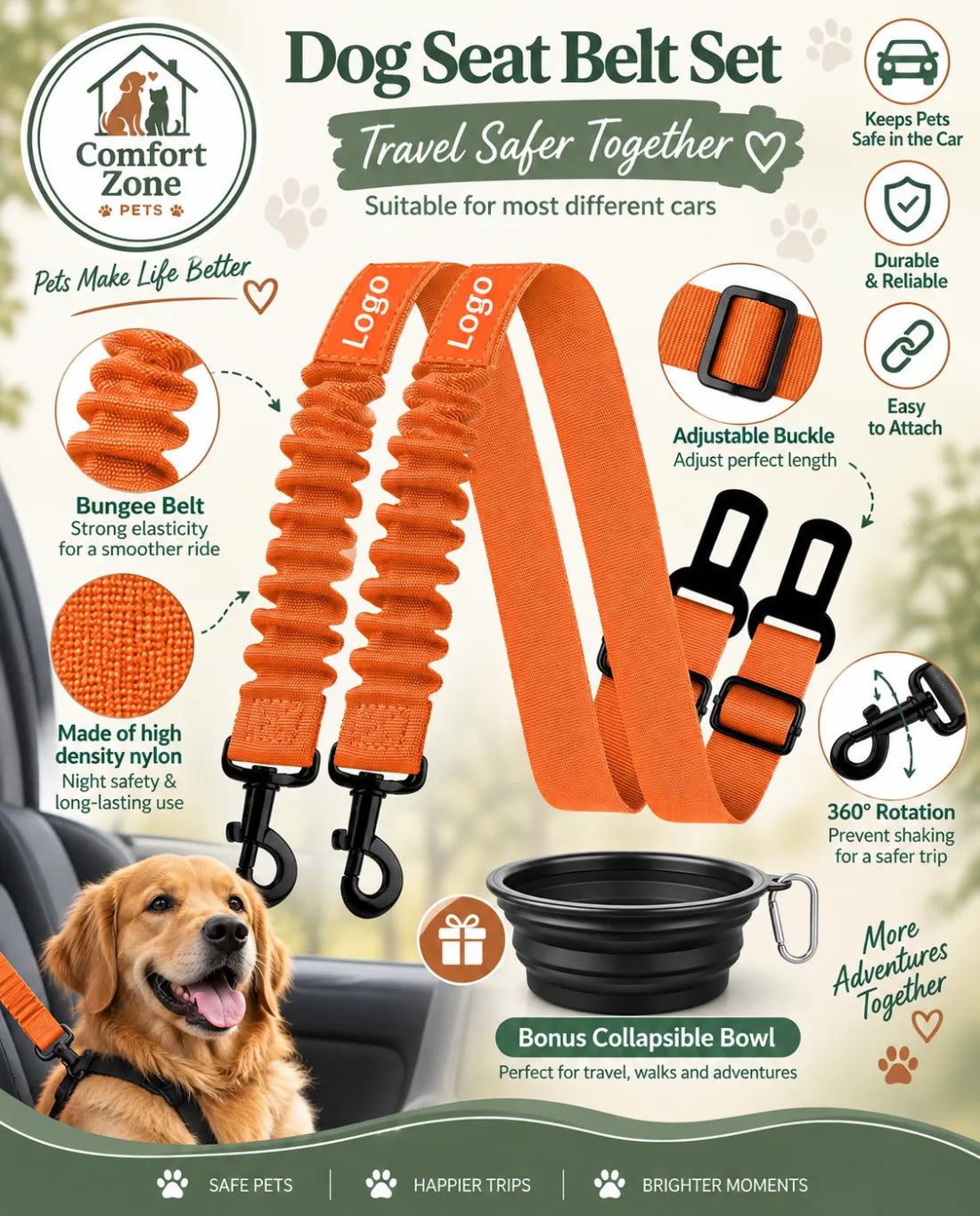 Orange adjustable dog car seat belt with high density nylon strap, bungee shock absorption, and secure clips.
