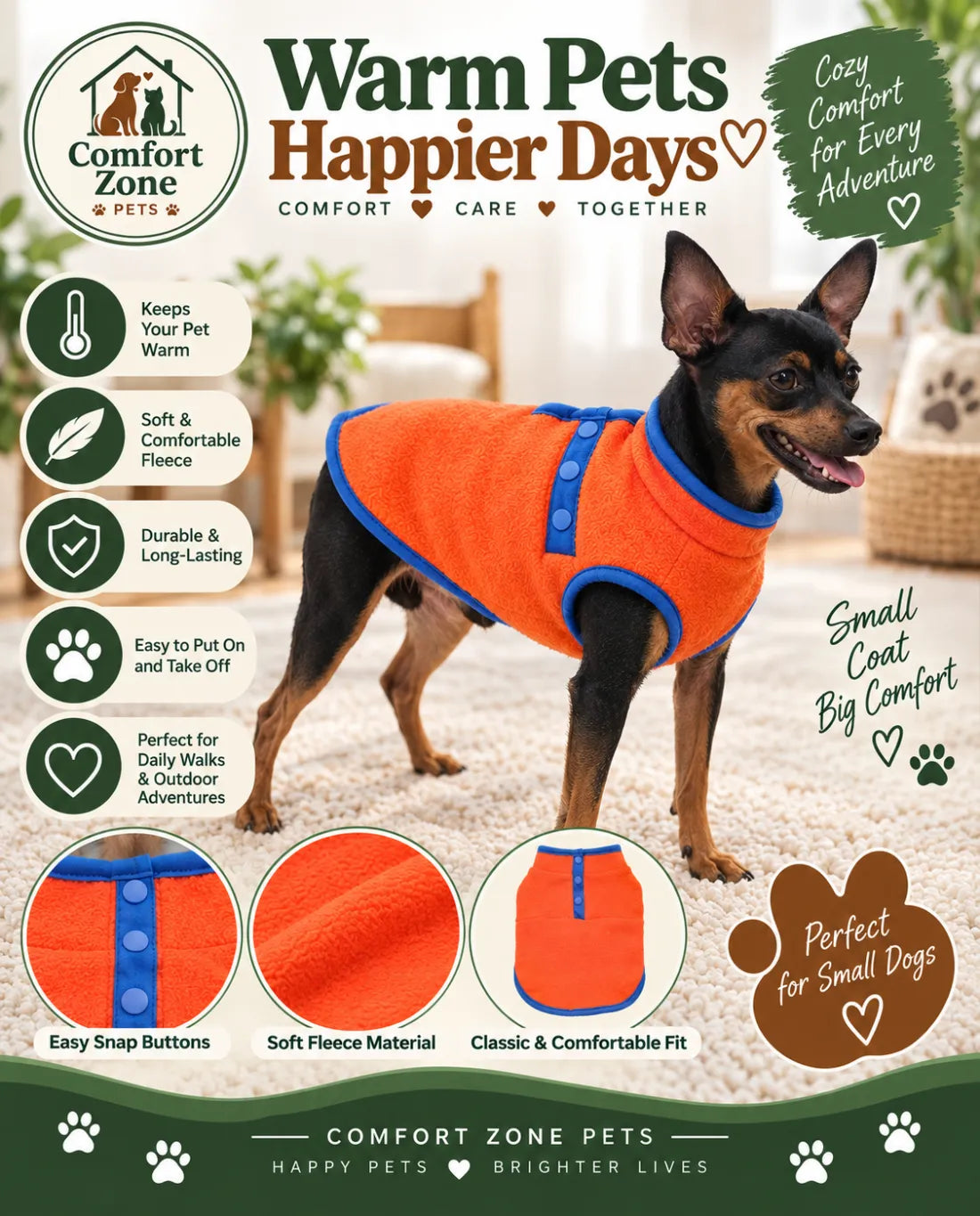 Small dog wearing an orange fleece coat with blue trim, showing a soft, comfortable fit that is ideal for daily walks and outdoor adventures.