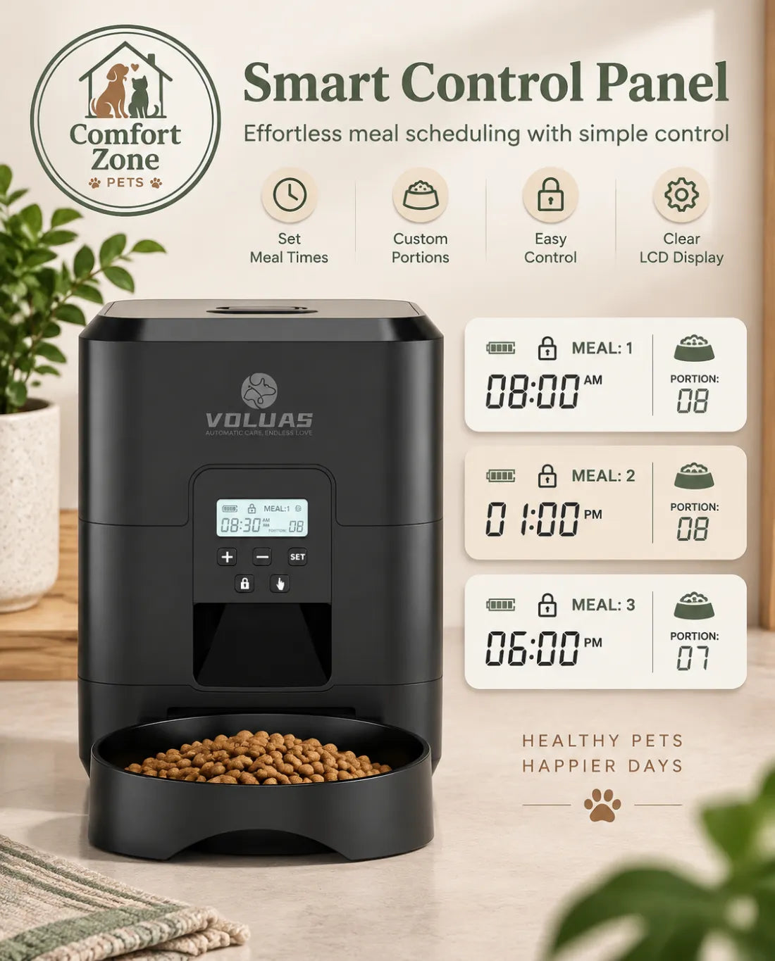 Smart pet feeder with camera video monitoring option and remote app control for pet owners.
