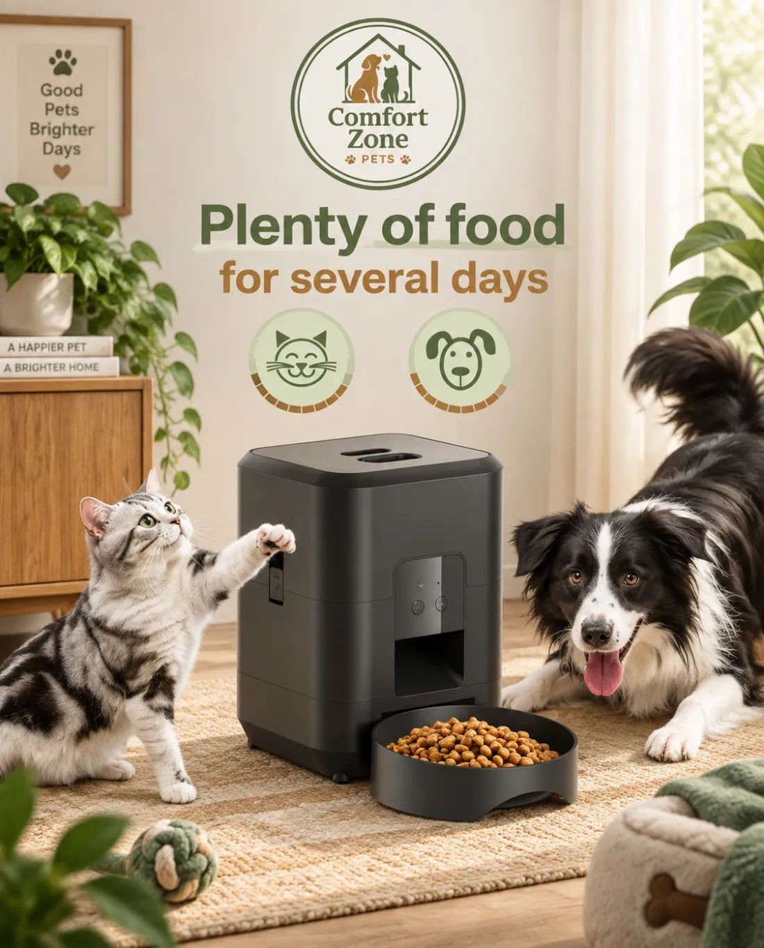 Smart pet feeder with large food capacity providing meals for cats and dogs over several days.