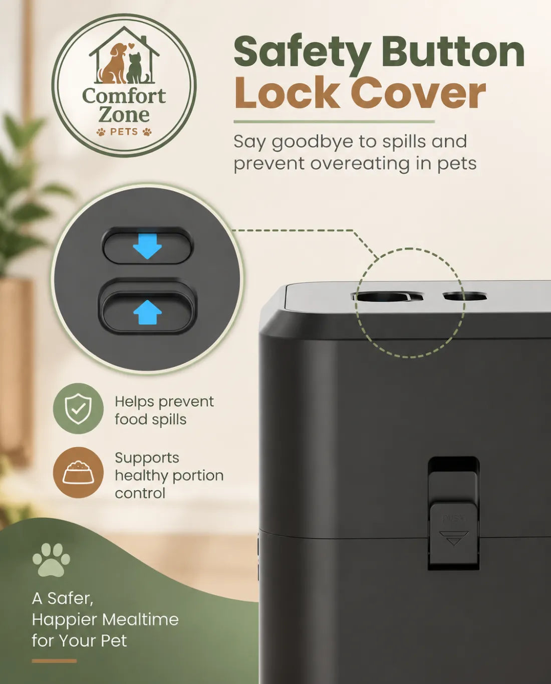 Automatic pet feeder with safety button lock cover designed to prevent spills and support portion control.