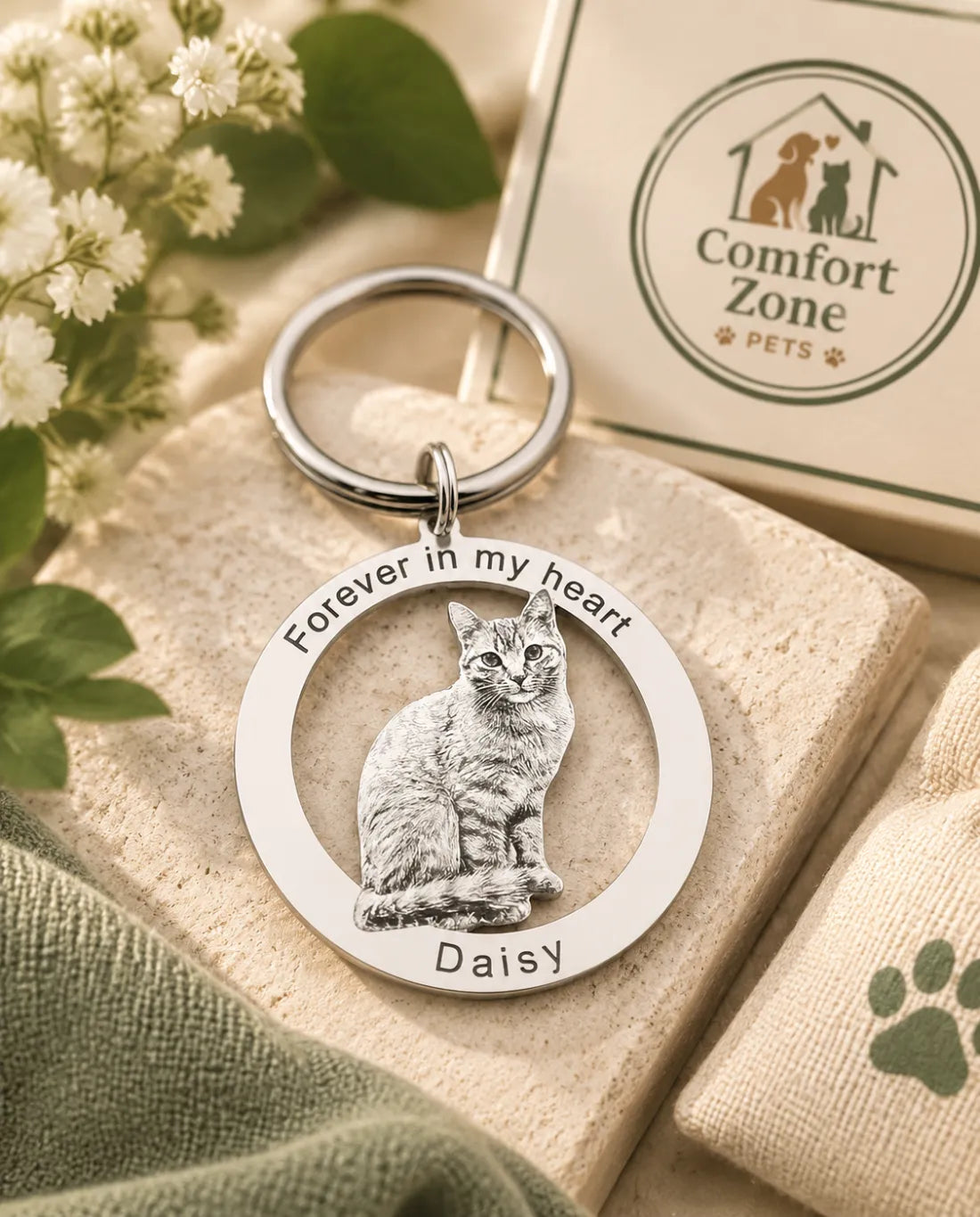 Pet Remembrance Keychain with Custom Portrait Engraving, Personalized Memorial Gift to Honor a Beloved Dog or Cat