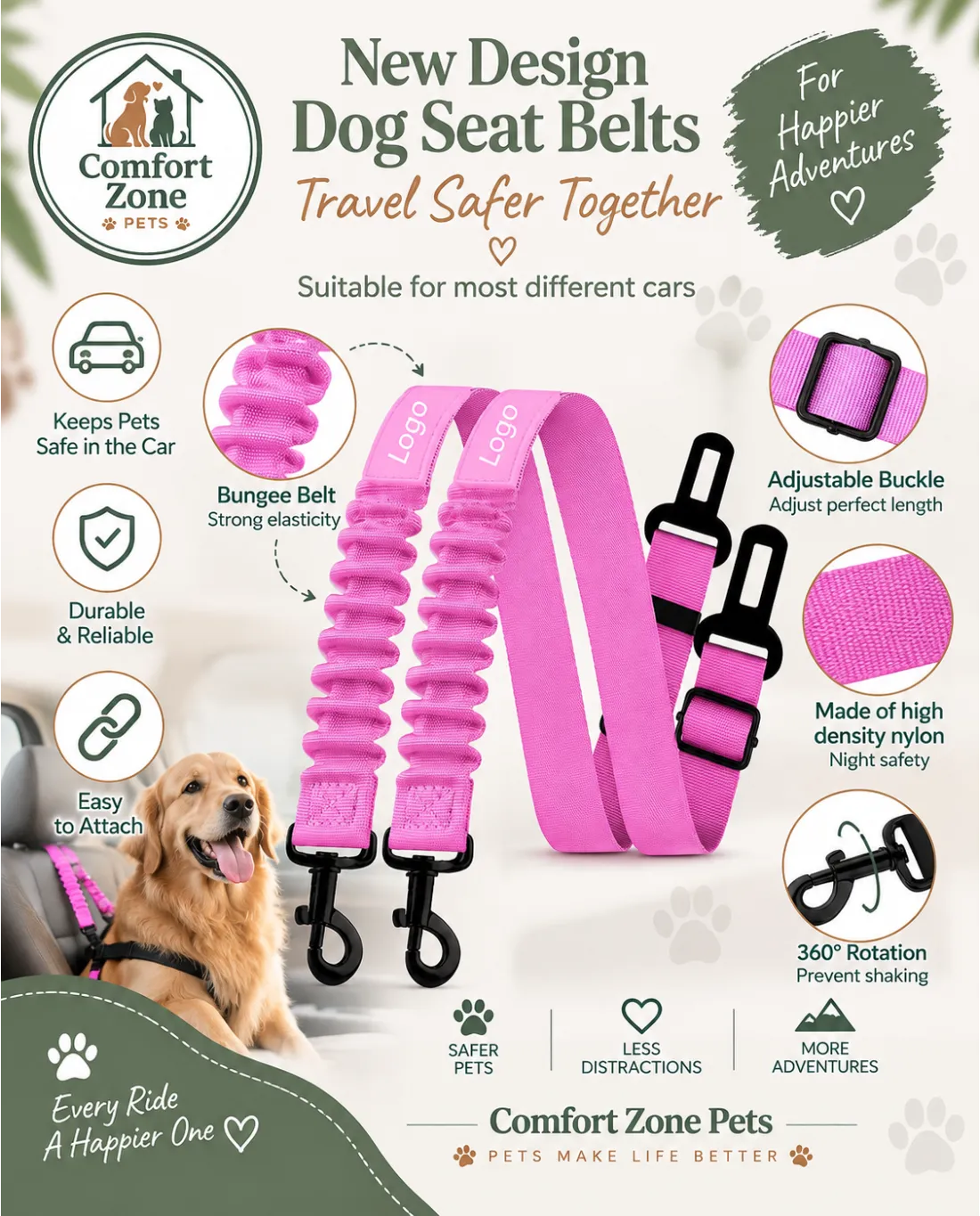 Pink adjustable dog seat belt with 360 rotation safety clip and comfortable bungee strap for car rides.