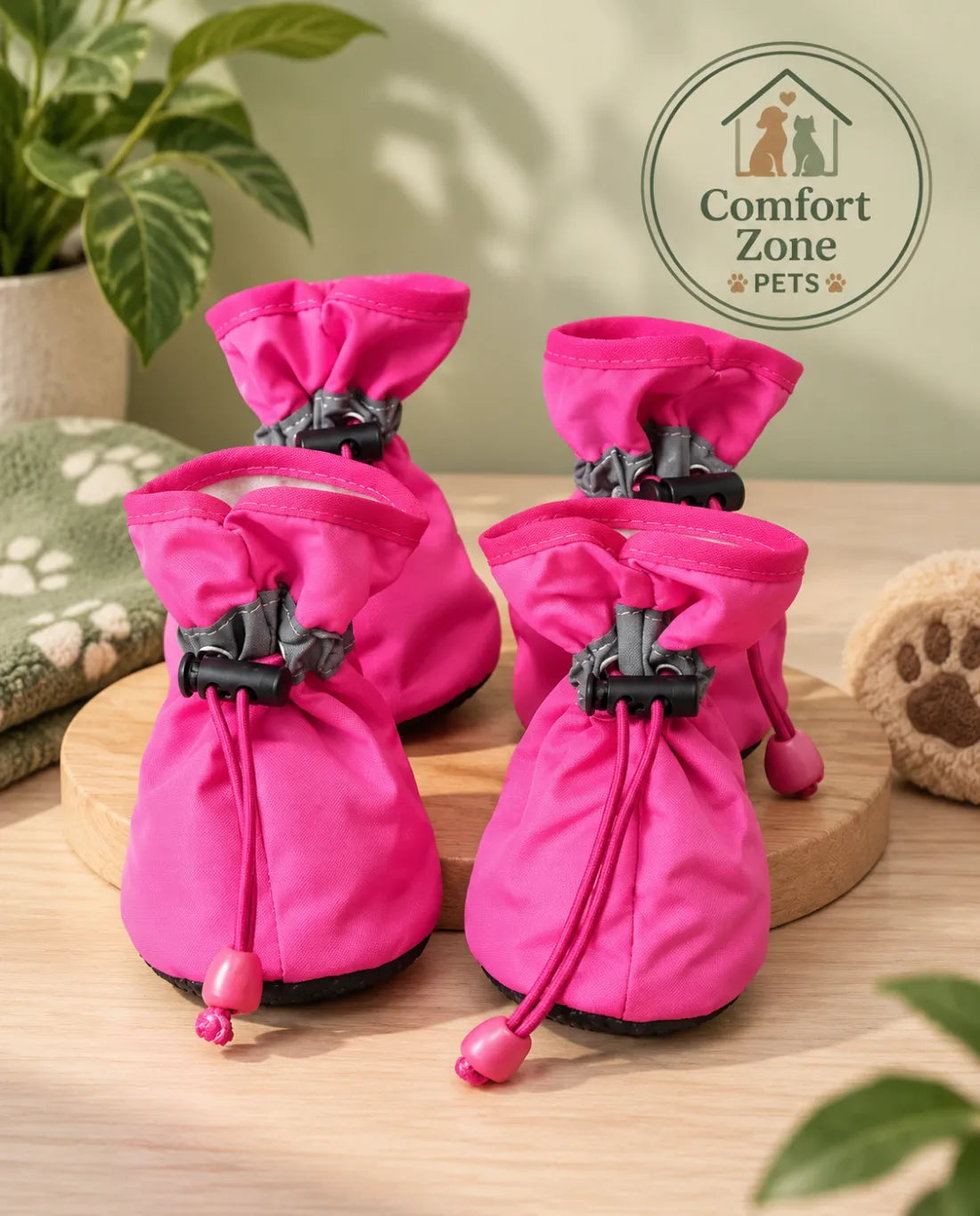 Pink soft dog boots designed to protect paws from hot and cold surfaces