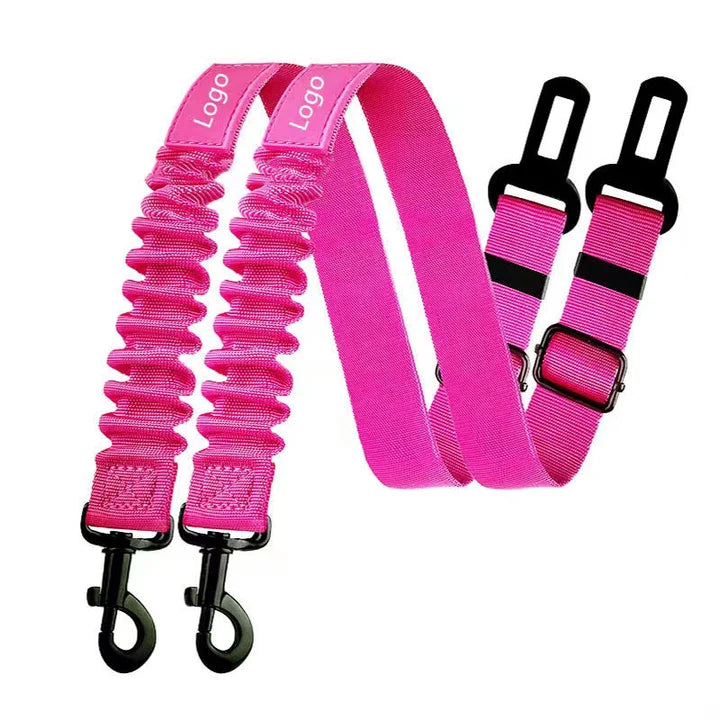  Pink adjustable dog seat belt with 360 rotation safety clip and comfortable bungee strap for car rides.