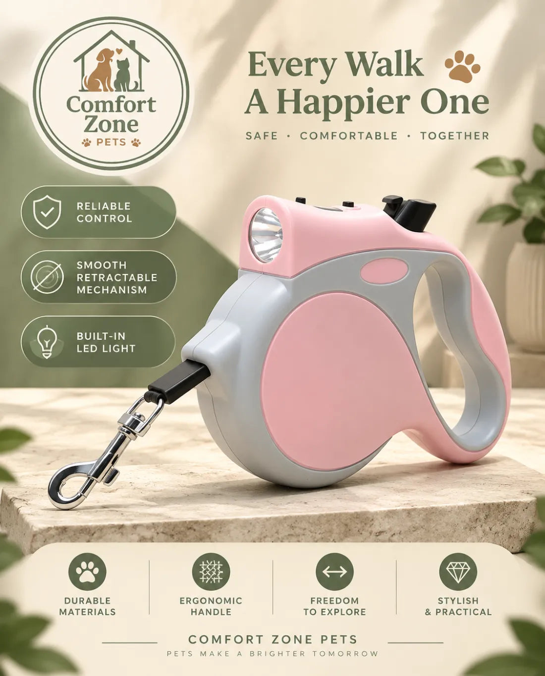 Pink LED retractable dog leash with lightweight handle for daily walks and outdoor safety
