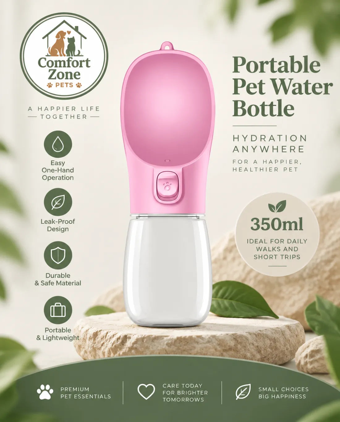 Pink portable dog water bottle with bowl for walking, travel, and outdoor adventures