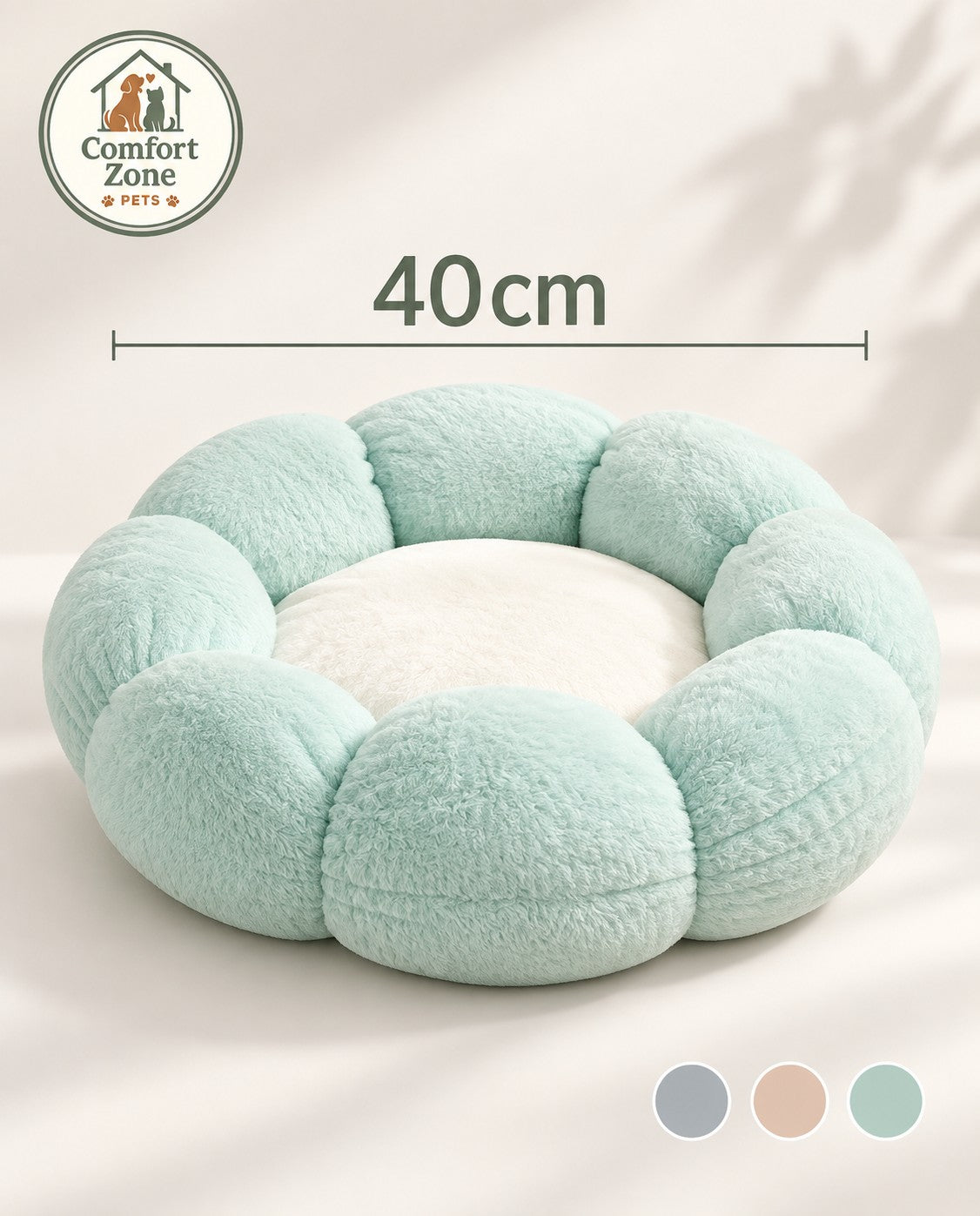 Mint plush cat bed size guide showing the 40 cm diameter with gray, peach and mint color options.