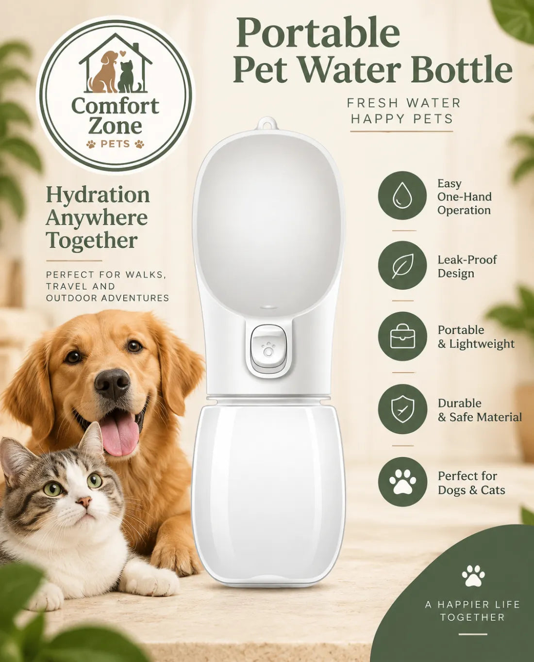 Portable dog water bottle with drinking bowl for keeping pets hydrated during outdoor activities