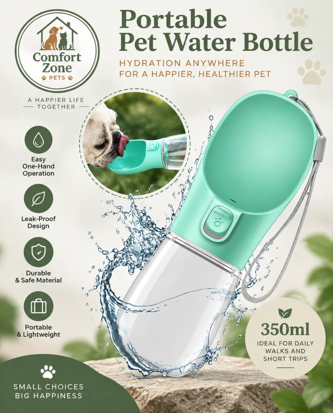Portable pet water bottle with built-in bowl and leak-proof design for dog walks and trips