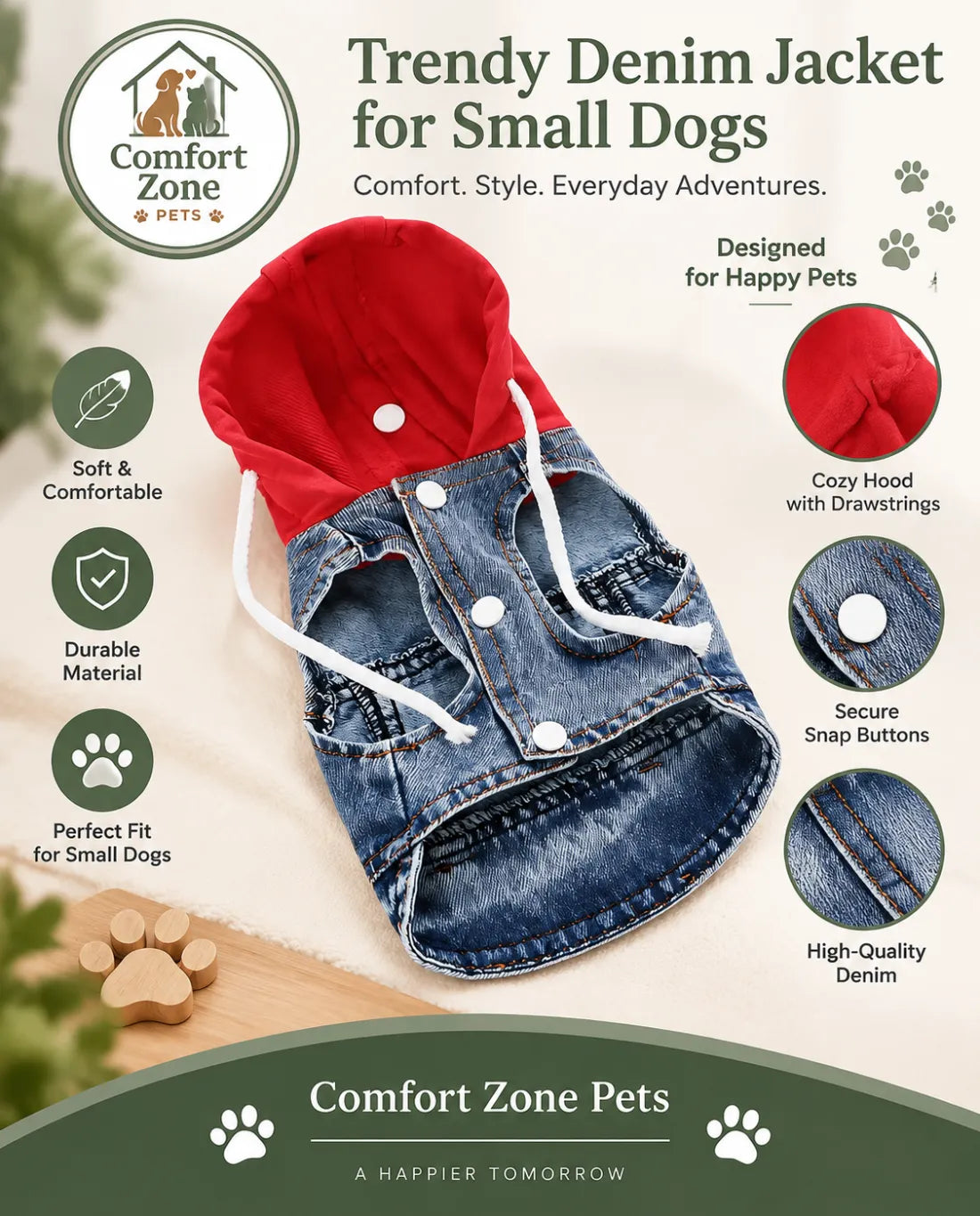 Premium hooded denim dog coat with red hood for stylish pet winter outfits