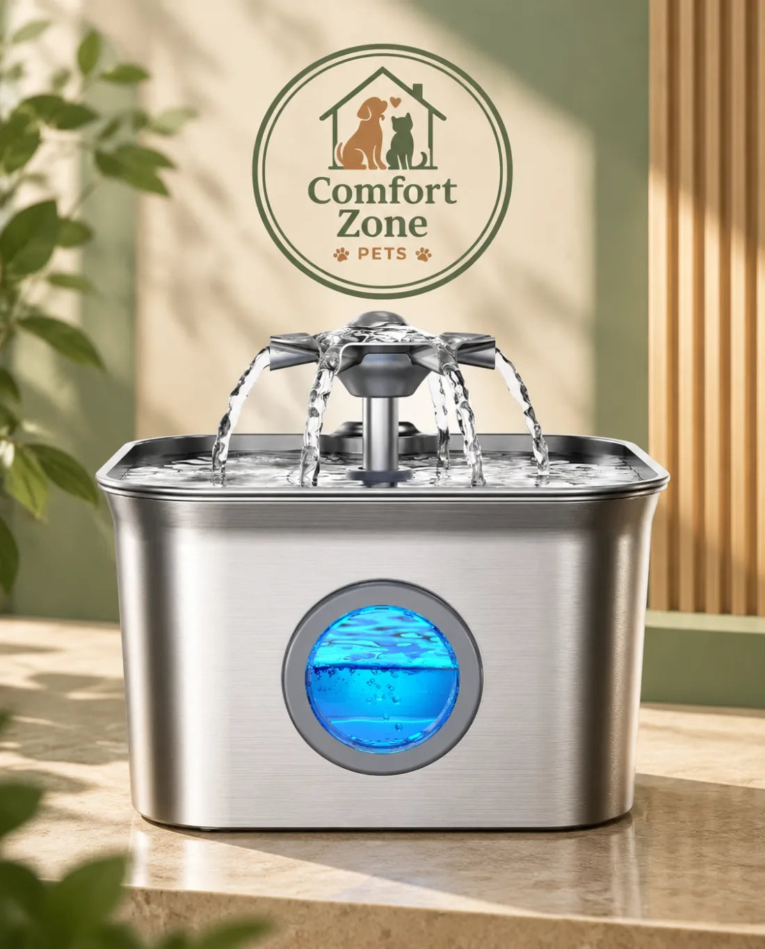 Premium stainless steel cat water fountain with blue LED light and modern design