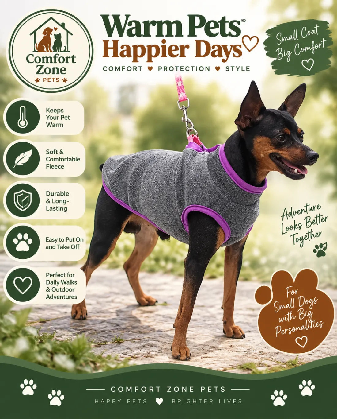 Small dog outdoors in a gray fleece coat with purple trim, designed for warmth, easy wear, and comfortable movement on walks and adventures.