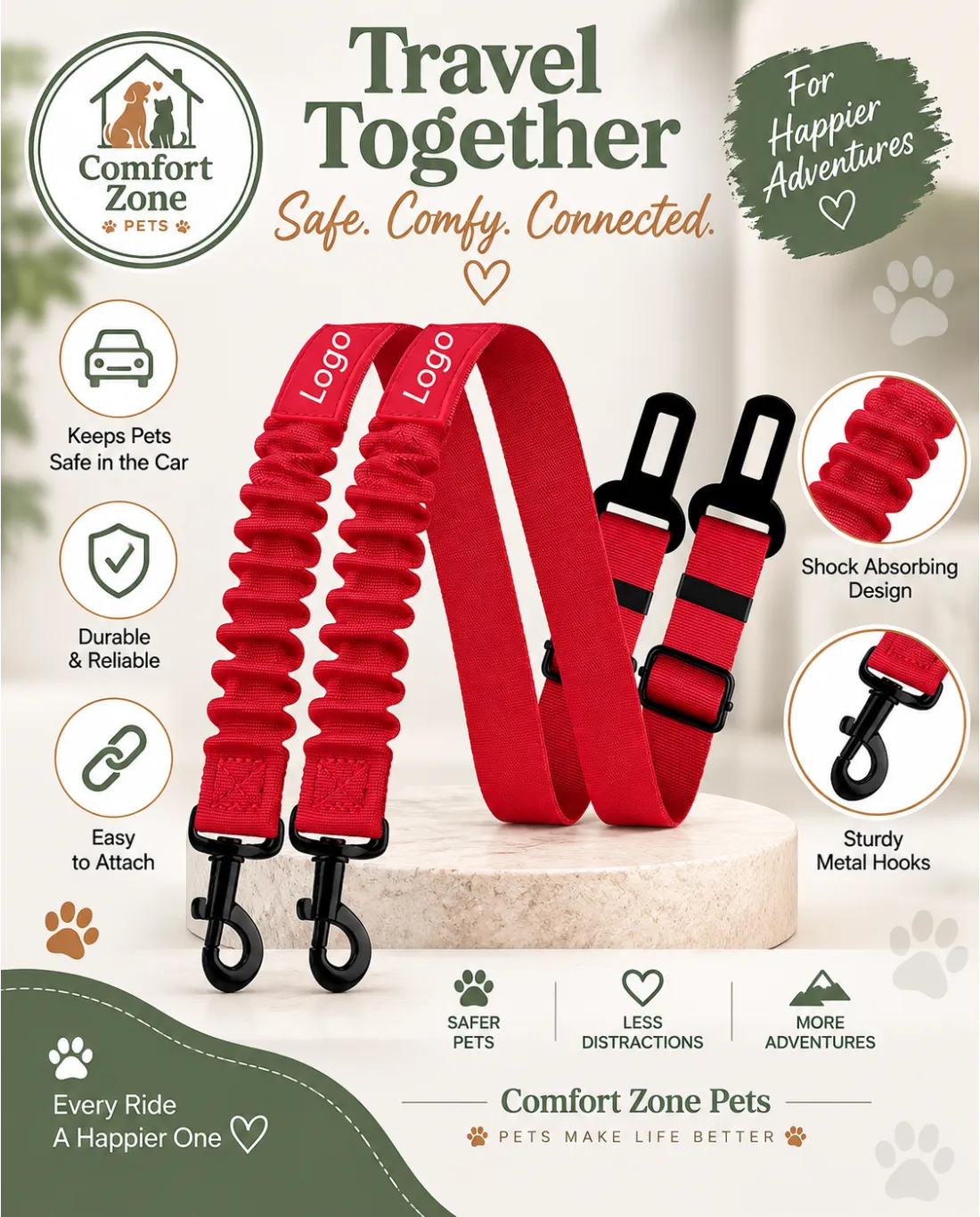  Red adjustable dog car seat belt with 360 rotation safety clip and bungee shock absorbing strap.