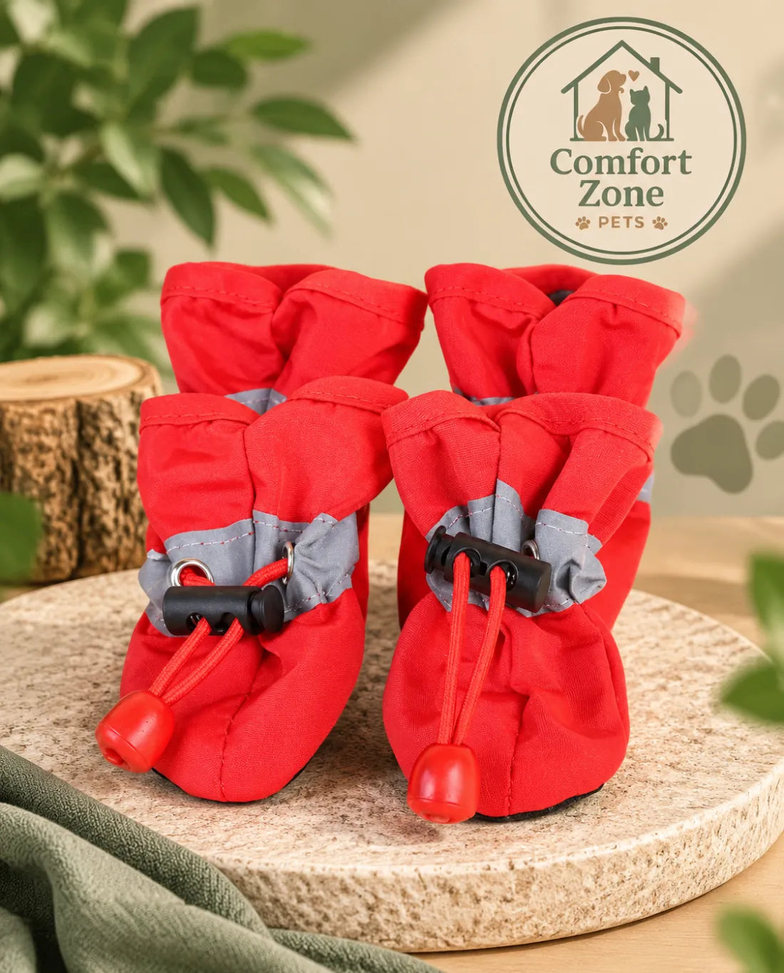 Red adjustable dog boots with paw protection and non slip sole
