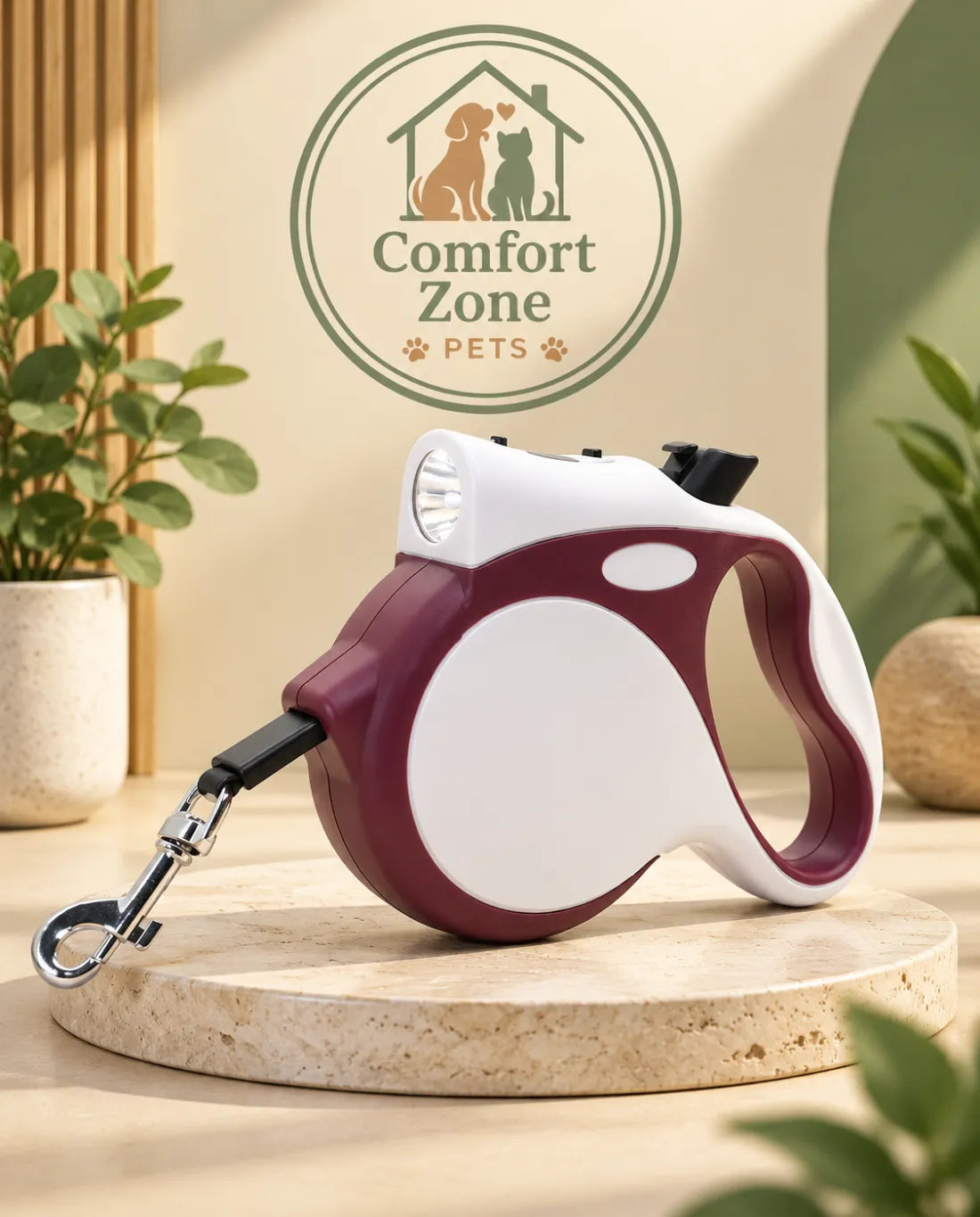 Red LED retractable dog leash with comfortable grip for secure dog walking and nighttime use